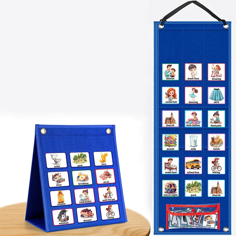 A blue folder containing visual schedule cards for daily routines, including icons for various activities like dentist, washi