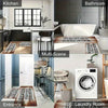 A collage showing various runner rugs designed for doors and floors in different contexts like a kitchen, bathroom, entrance,
