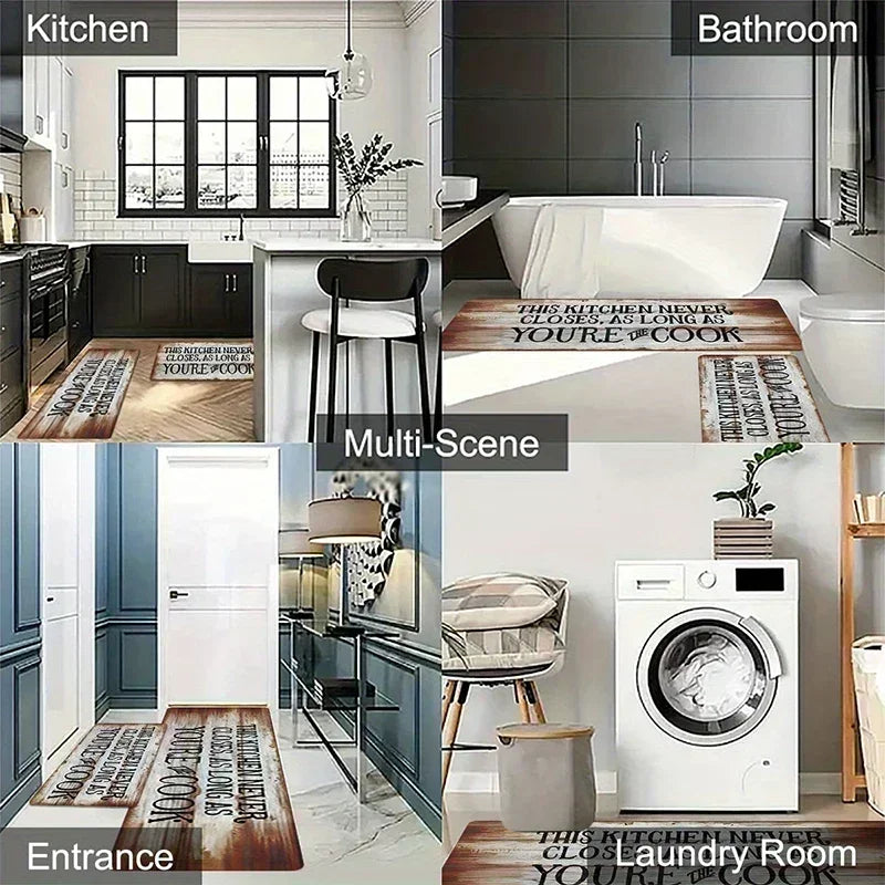 A collage showing various runner rugs designed for doors and floors in different contexts like a kitchen, bathroom, entrance,