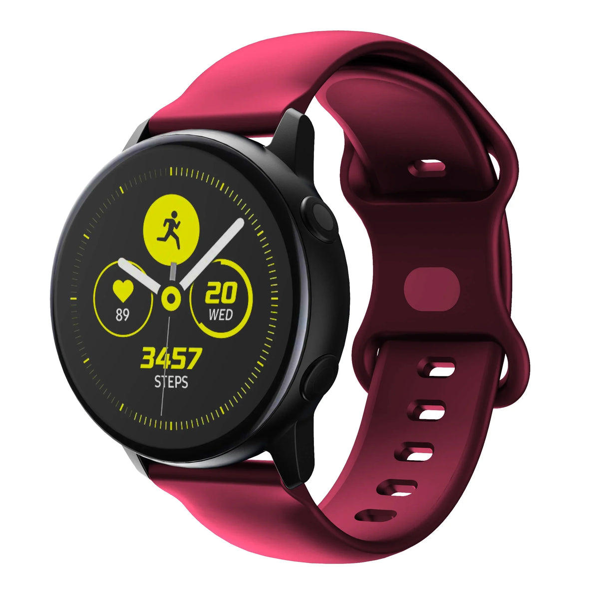 A close-up view of a magenta silicone smartwatch showing a fitness tracking screen with 3457 steps.