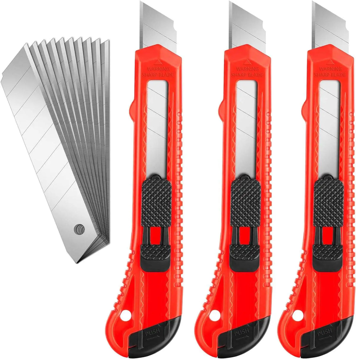 A set of three red and silver retractable utility box cutters.