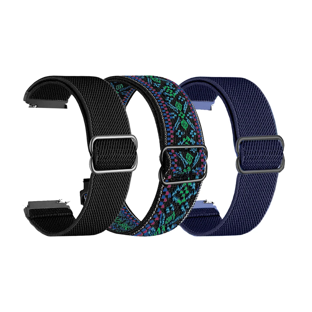 Three adjustable elastic sports bands in black, green, and blue for Garmin watches