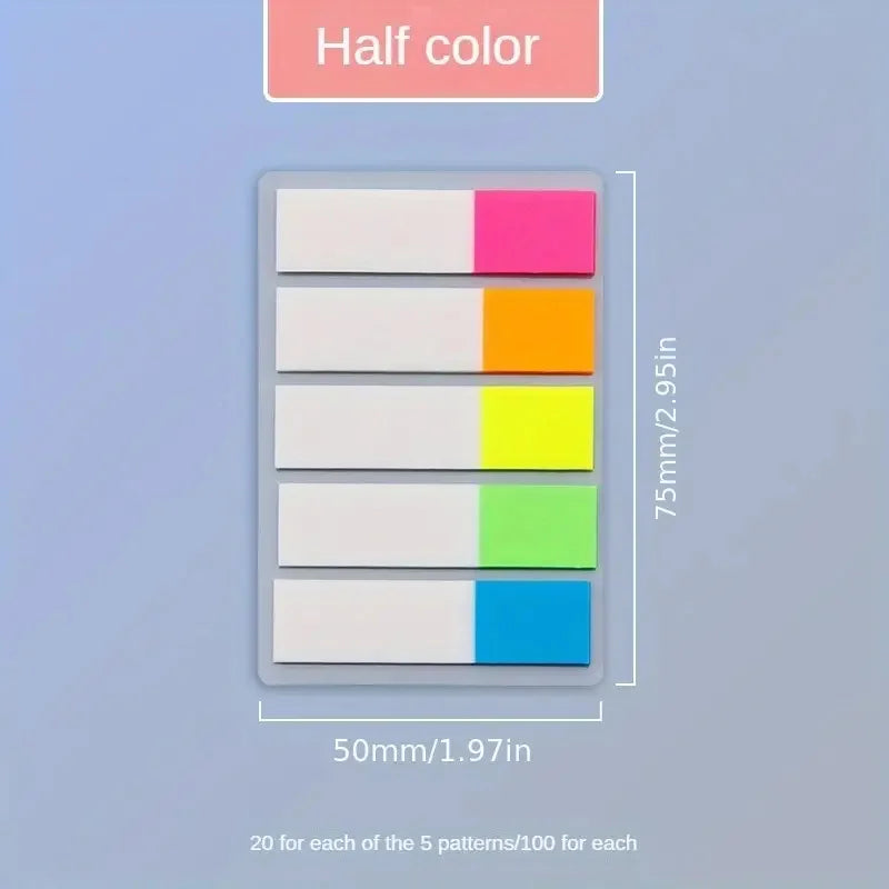 A set of five half-color fluorescent PET sticky notes with index tabs shown in a vertical layout.