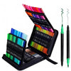 A black brush marker set with 36 vibrant colored markers displayed in an open case next to two dual-tip pens.