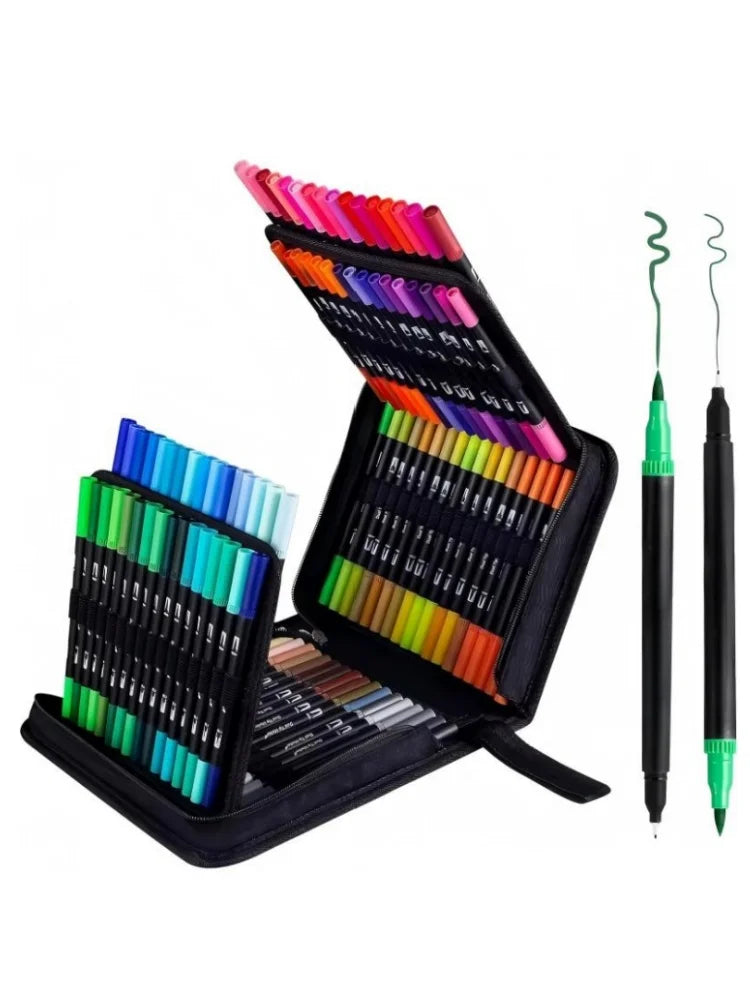 A black brush marker set with 36 vibrant colored markers displayed in an open case next to two dual-tip pens.