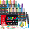 A collection of 36 colored acrylic brush markers in various tips and colors displayed in a box.