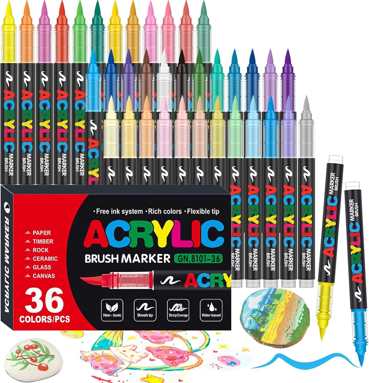 A collection of 36 colored acrylic brush markers in various tips and colors displayed in a box.