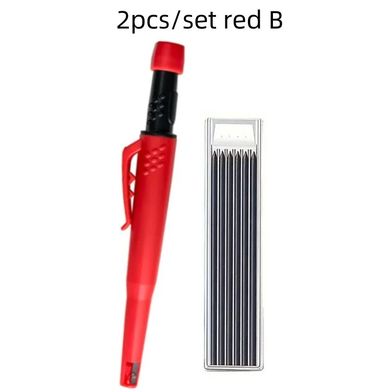 A red heavy-duty mechanical carpenter pencil with a built-in sharpener and a metal pencil holder.