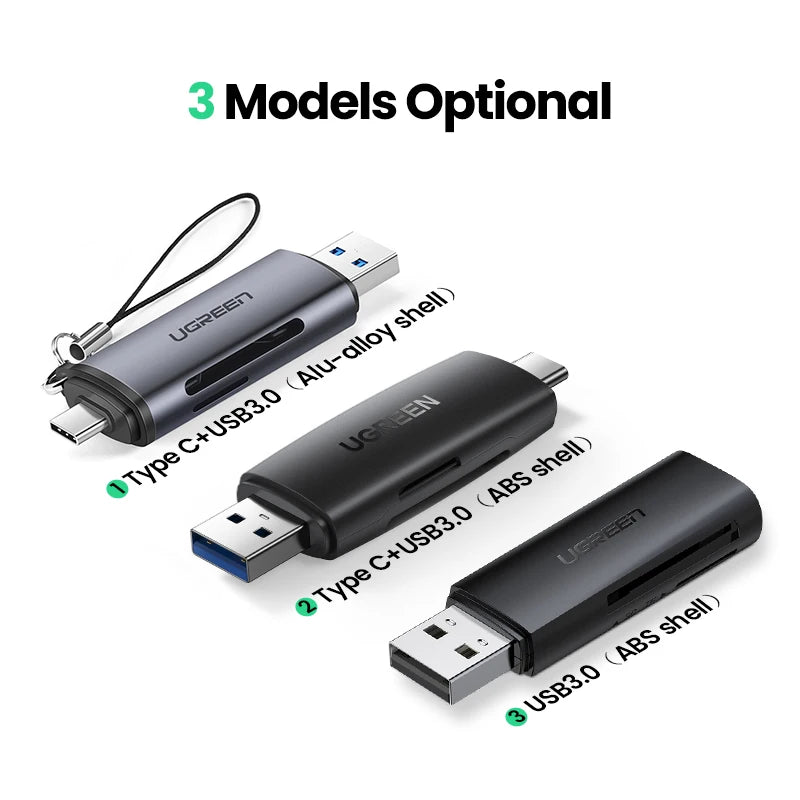 Tres modelos de lectores de tarjetas USB-C universales, con carcasas de aluminio y ABS.