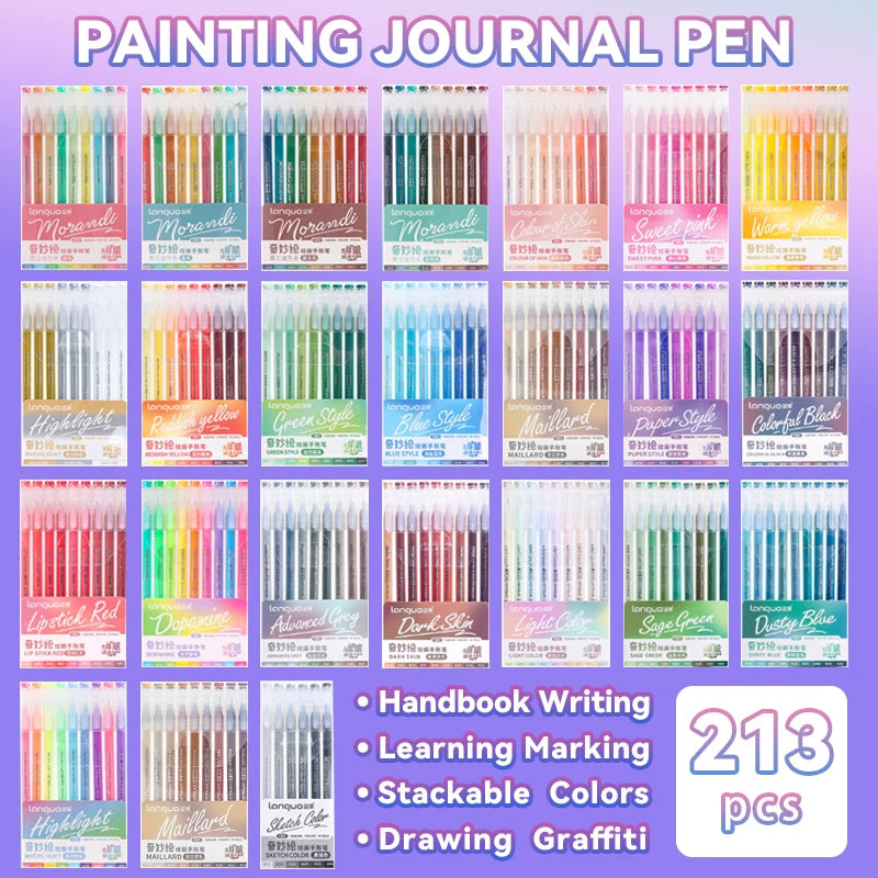 A collection of various colored Morandi gel pens and markers packaged for painting, journaling, and drawing.