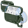 A dark green magnetic case is shown open, revealing three white AirPods Pro inside.