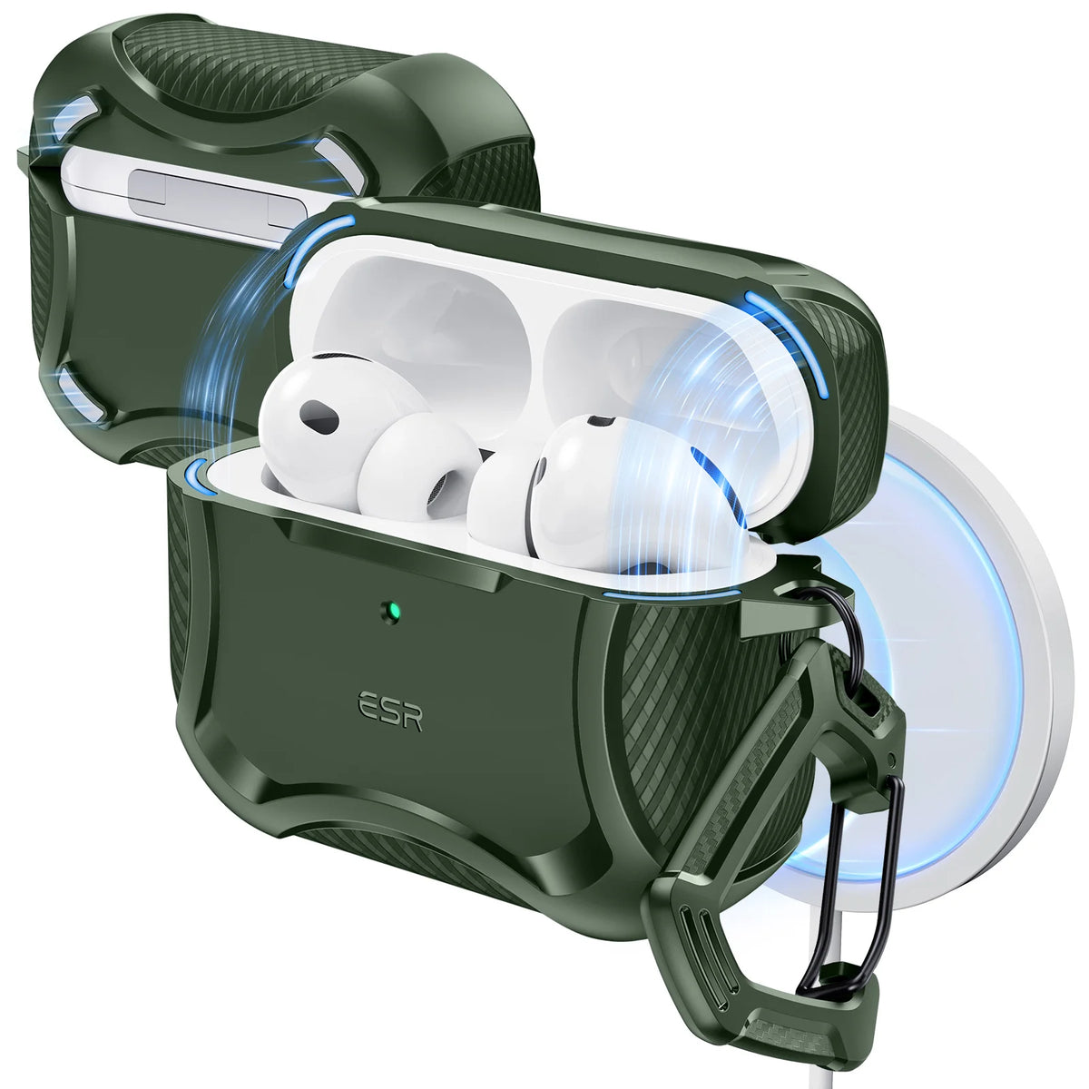 A dark green magnetic case is shown open, revealing three white AirPods Pro inside.