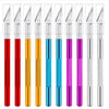 A row of ten precision craft knives in various colors including red, orange, yellow, blue, and purple.