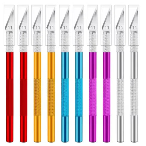 A row of ten precision craft knives in various colors including red, orange, yellow, blue, and purple.