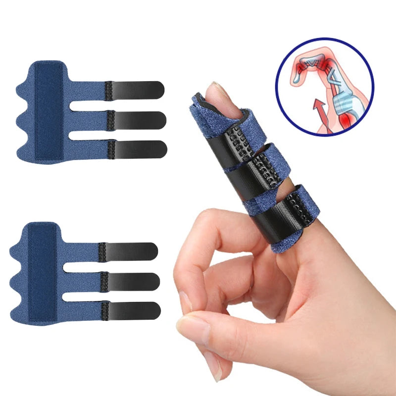 A hand is wearing a blue adjustable finger splint for pain relief and support, shown next to the product.
