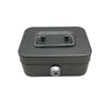 A gray metal key lock cash box with a sliding lock mechanism.