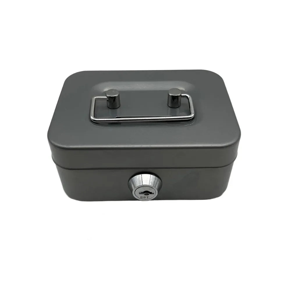 A gray metal key lock cash box with a sliding lock mechanism.