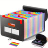 Porta archivador plegable negro con carpetas de plástico coloridas y una bandera arcoíris.
