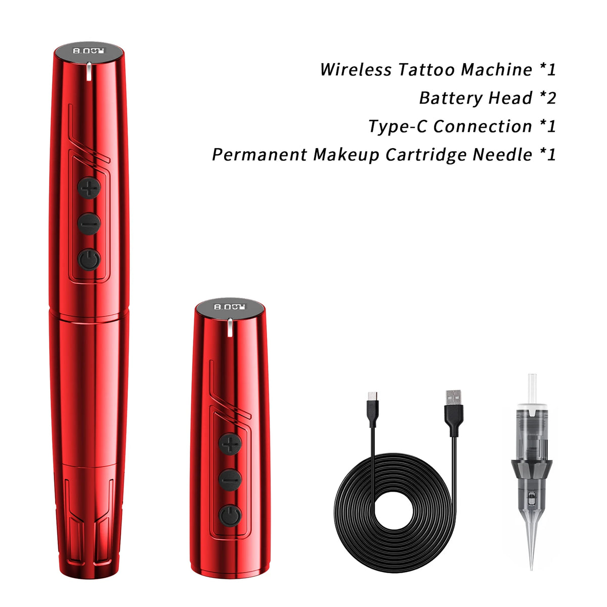 Juego de máquinas de tatuaje inalámbricas rojas, incluyendo cabezal de batería, conexión Type-C y aguja para maquillaje perma