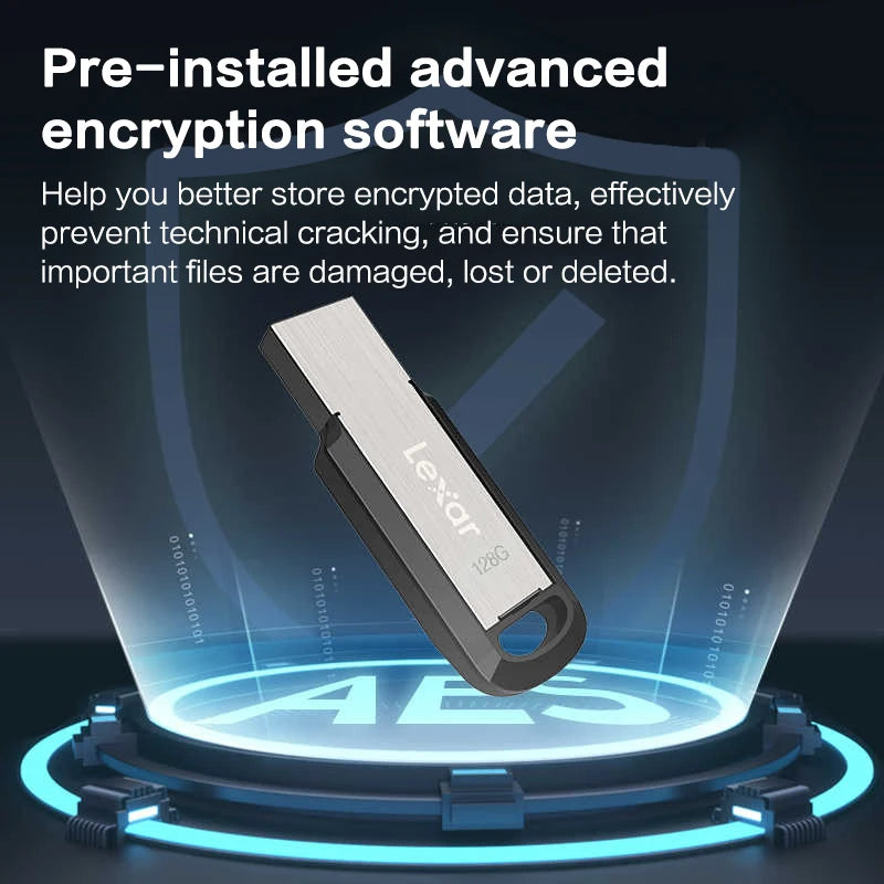 A silver Lexar USB flash drive is displayed inside a blue shield graphic.