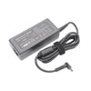 A black AC adapter for a laptop, featuring input and output specifications and a coiled cable.