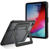 A black protective case and stand for a tablet or iPad is shown next to an iPad displaying the time.