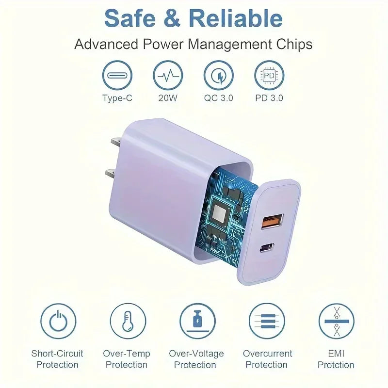 A purple power management chip module with USB-C ports and various protection features listed.