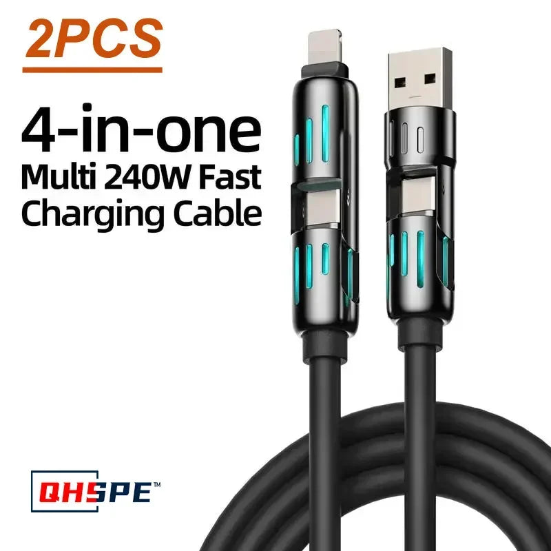 Zwei 4-in-1 Multifunktions-USB-C-Ladekabel mit schwarzen Kabeln und Metallconnectoren.