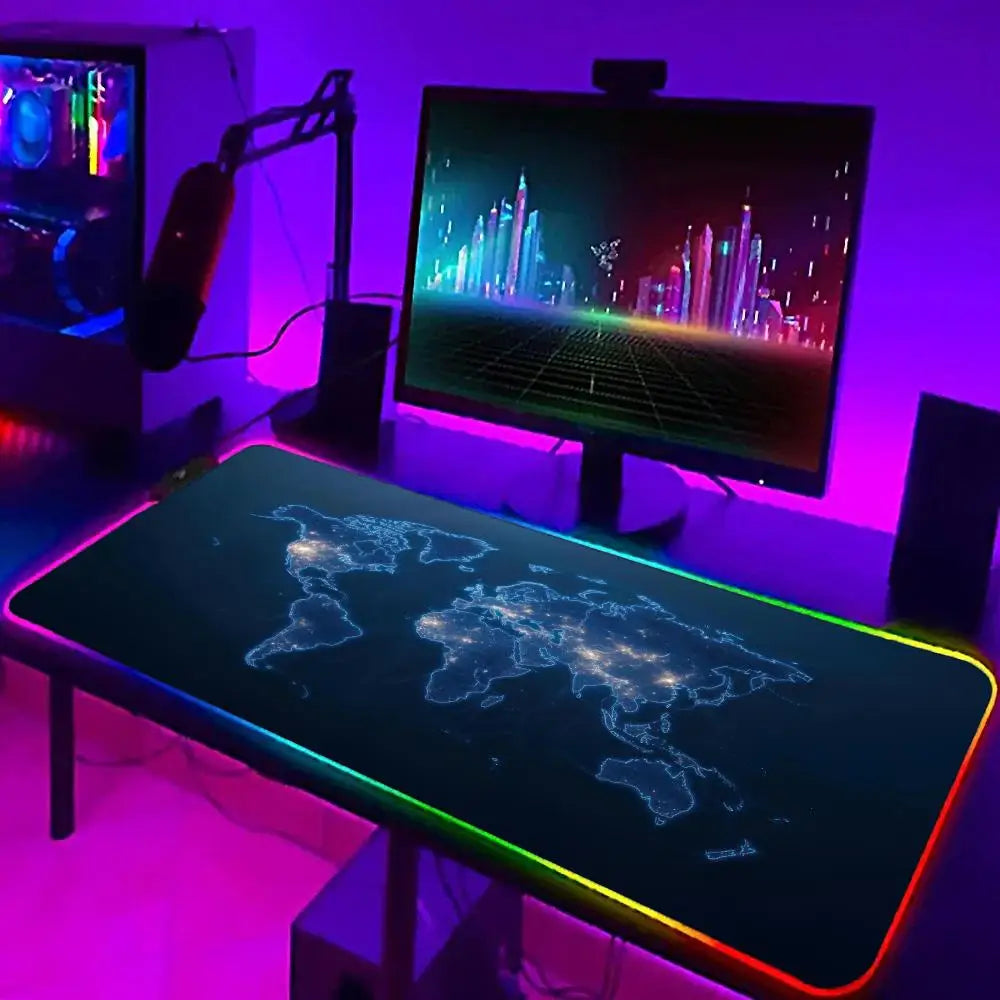 An RGB backlit gaming mouse pad featuring a glowing map design of the world on a dark surface.