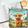 A Highland cow coloring book featuring a cute, fluffy brown cow with horns in a colorful outdoor scene.