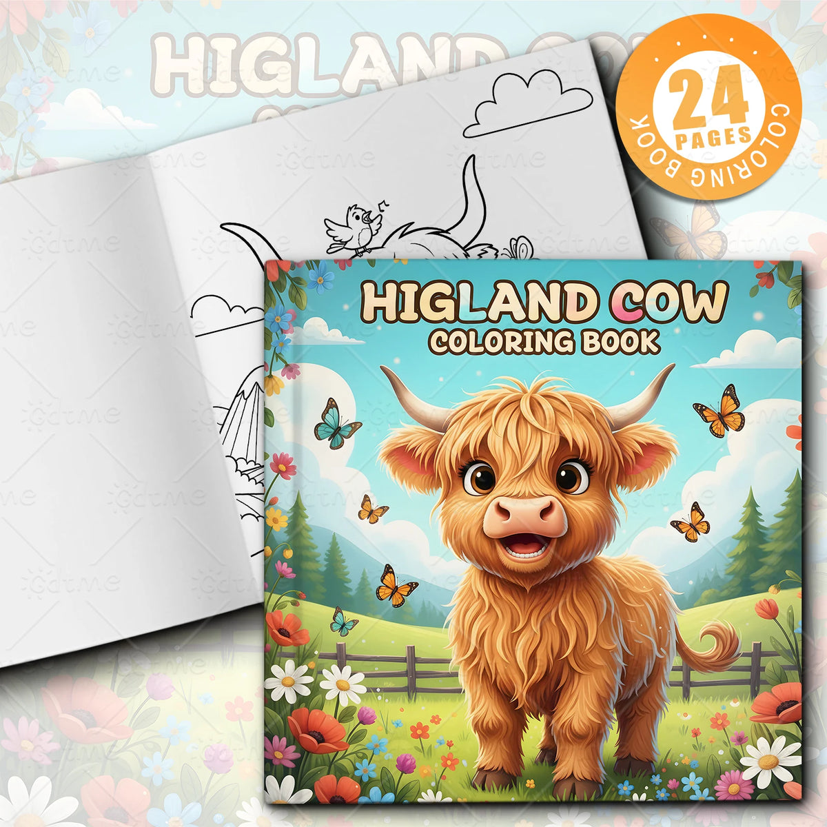 A Highland cow coloring book featuring a cute, fluffy brown cow with horns in a colorful outdoor scene.
