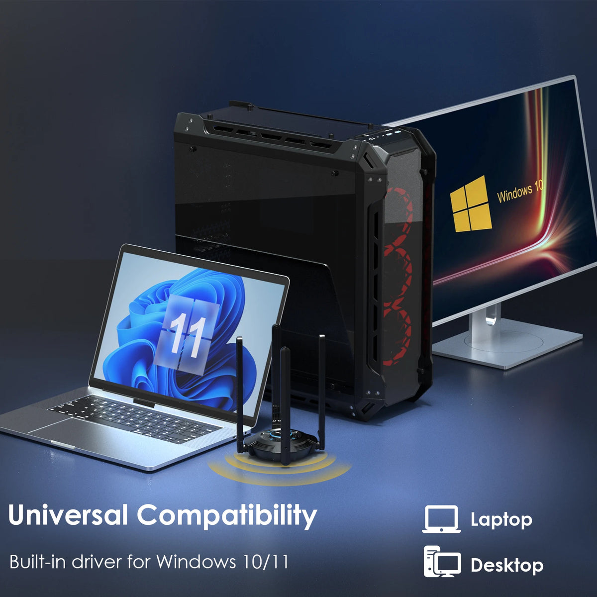A laptop and a desktop computer are shown alongside a black adapter demonstrating universal compatibility for Windows 10/11.