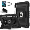 A black durable silicone protective case with a stand for an iPad, shown alongside its disassembled components.