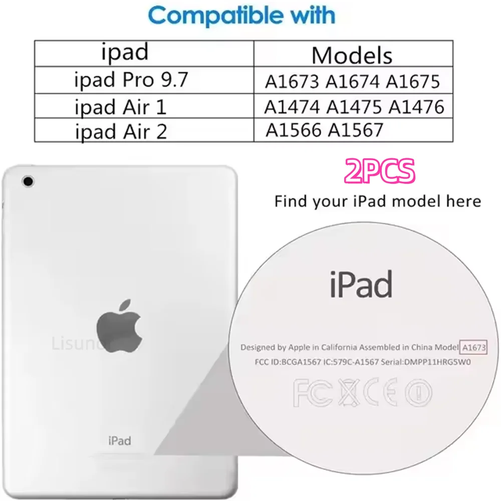 A white iPad is shown next to a compatibility chart listing supported models and an inset showing the iPad model details.