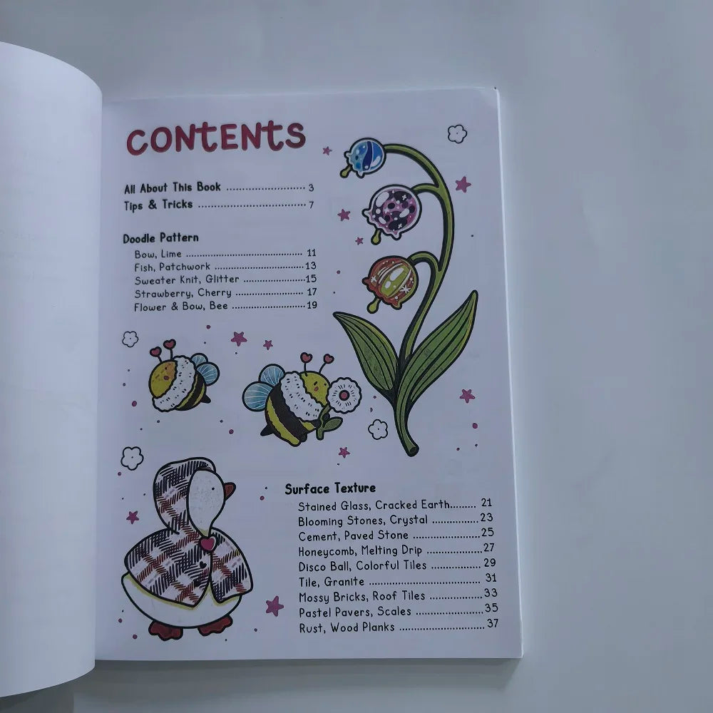 A page from a coloring book showing contents including Doodle Patterns and Surface Textures