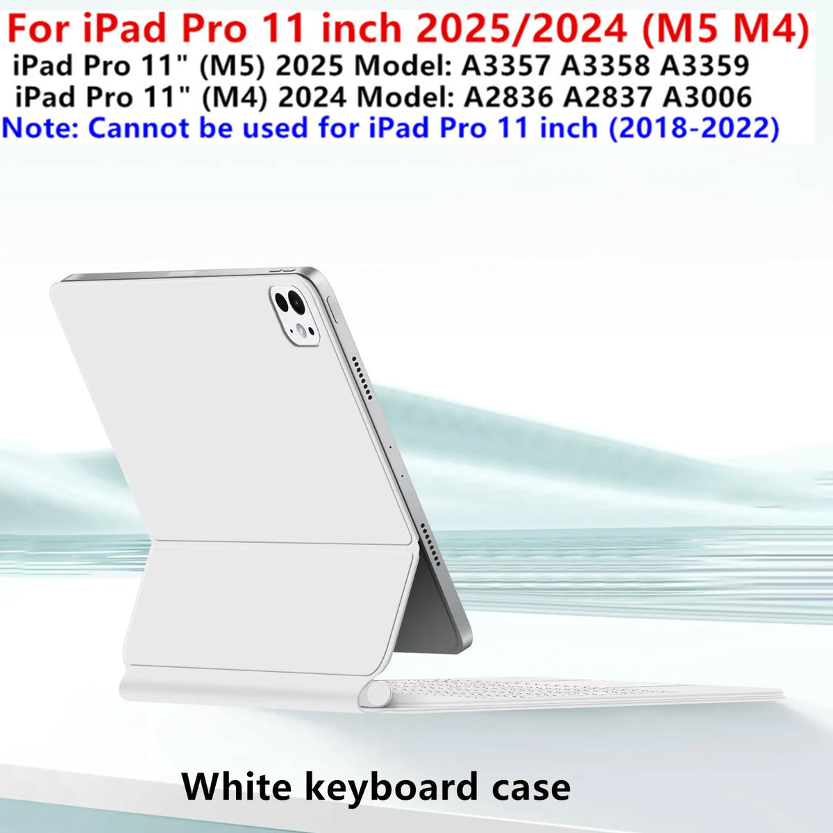 White keyboard case for an iPad Pro, shown in a profile view.