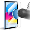 A clear glass screen protector is shown on an iPad, with a silver shield charm attached to a chain.