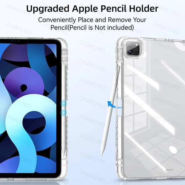 Clear silicone trifold stand cover for an iPad, showing how to conveniently place and remove a pencil.