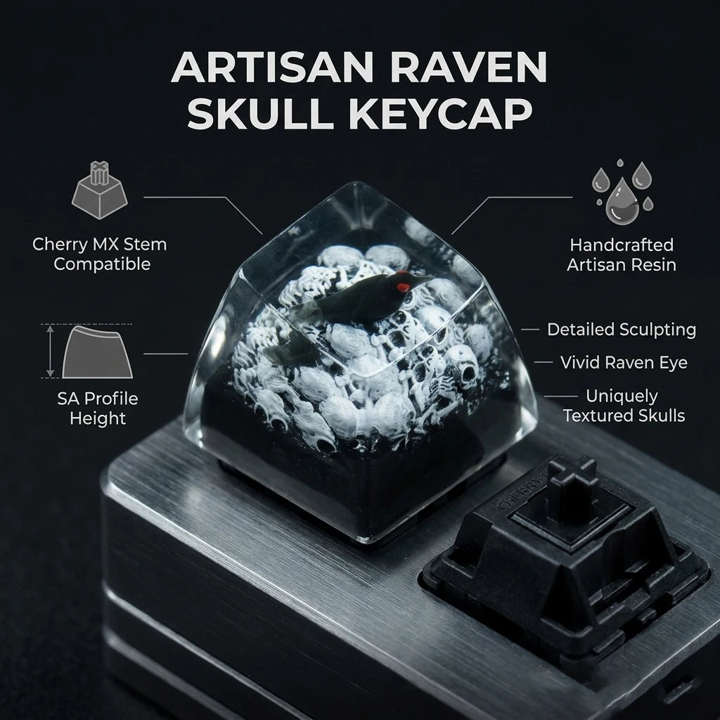 An artisan raven skull keycap made of resin displayed on a metal surface.