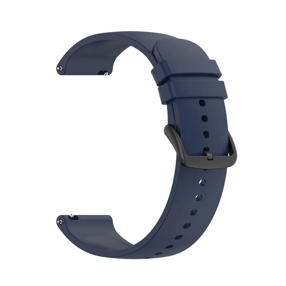 A dark blue silicone watch band for a smartwatch, shown from the side.