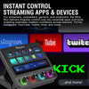 A black MiraBox stream deck controller with an LCD key panel and touch controls is shown next to various social media logos.