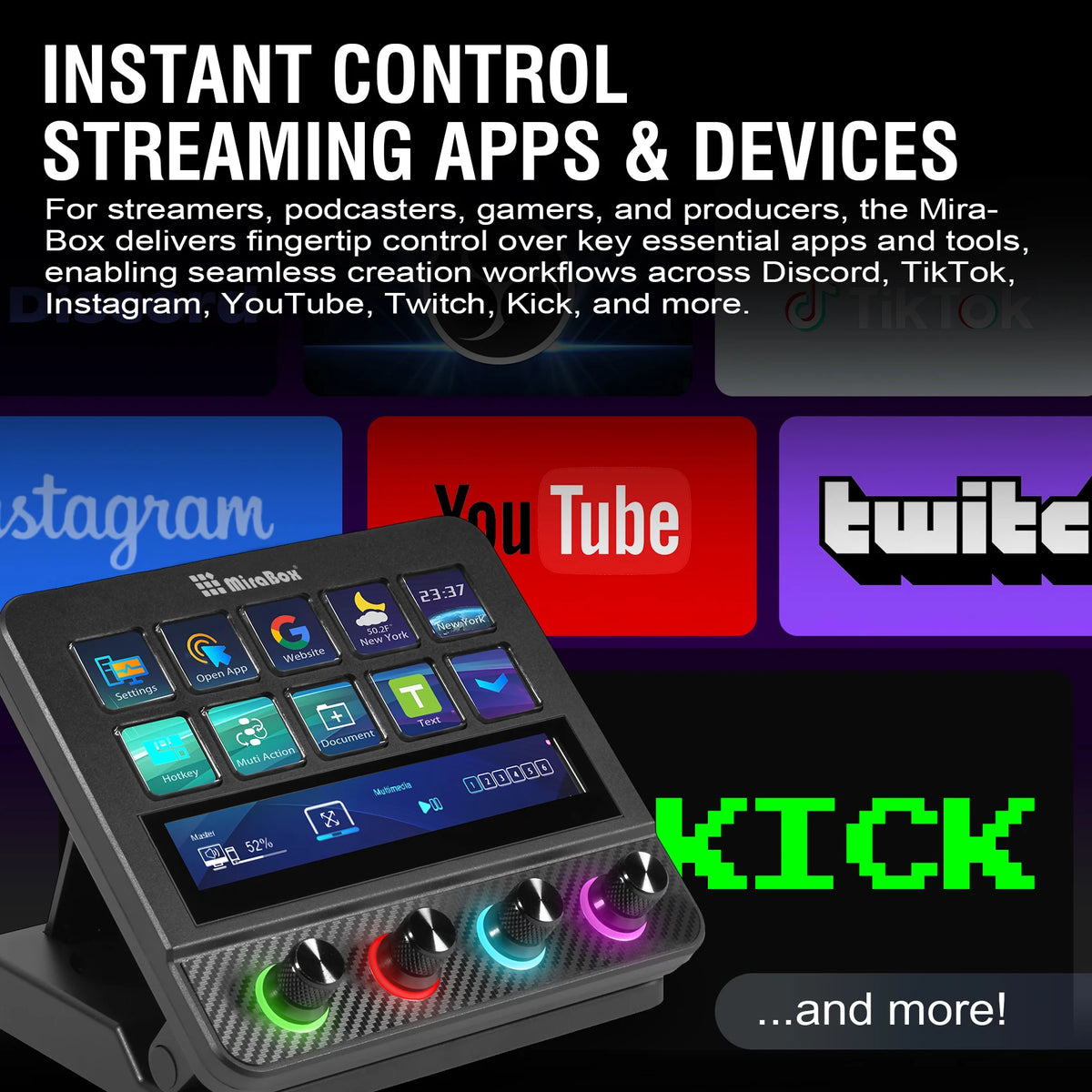 A black MiraBox stream deck controller with an LCD key panel and touch controls is shown next to various social media logos.