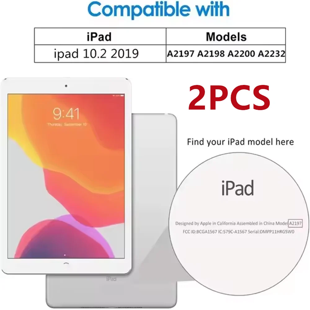 A package showing a 9H tempered glass screen protector for an iPad, compatible with specific models.