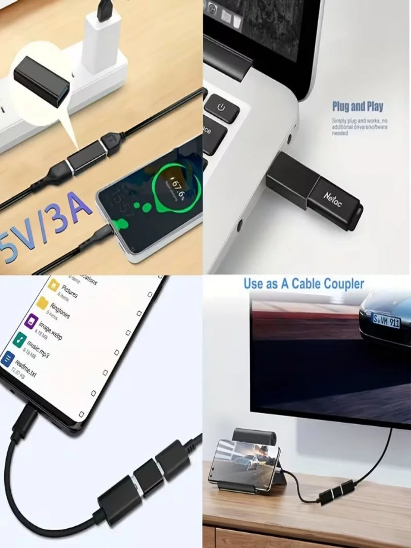 A set of USB-C adapter kits showing various cable connectors and a plug and play device.