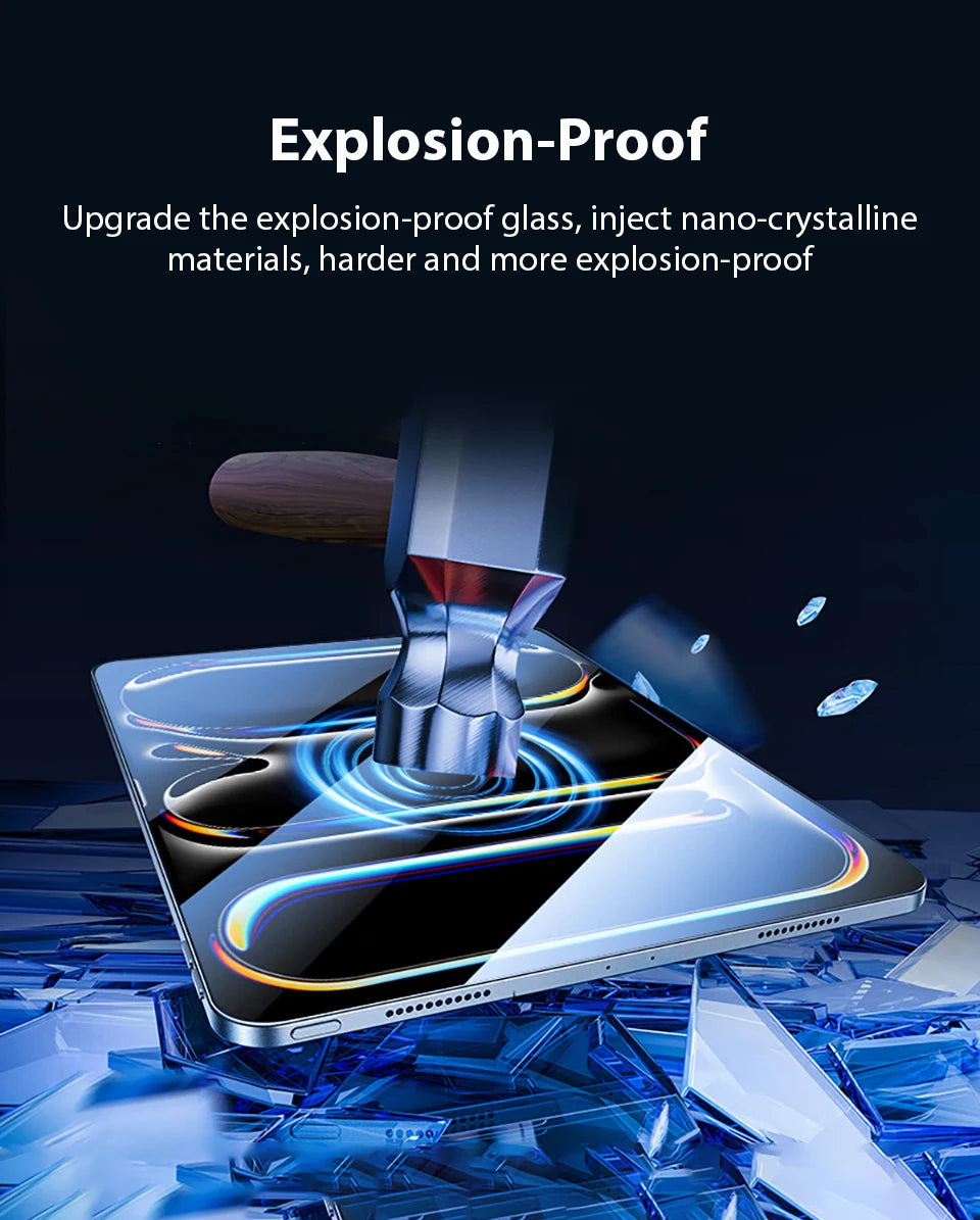 Primer plano de un protector de pantalla para iPad, mostrando materiales nanocristalinos y efectos de luz.