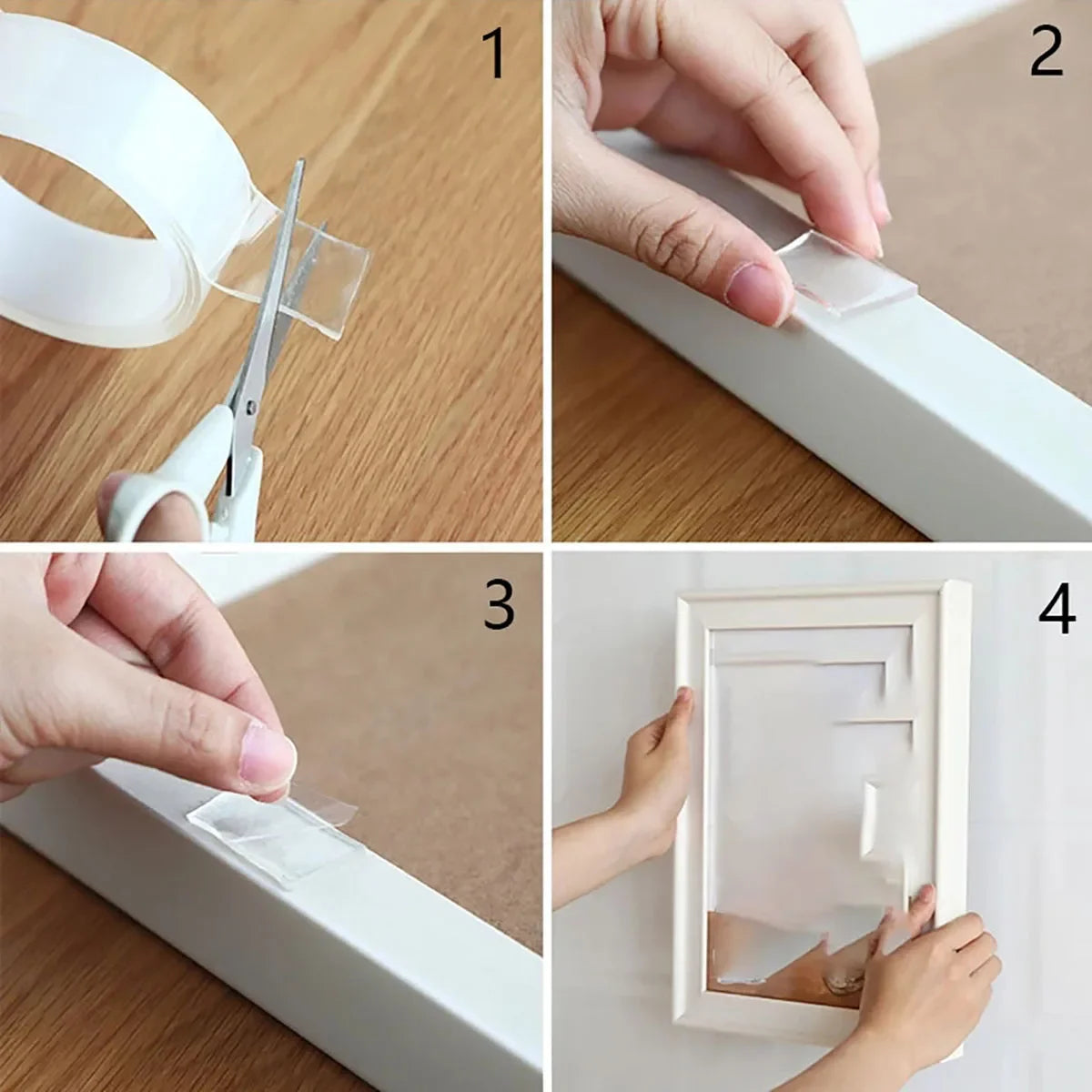 Four steps showing how to apply heavy duty double-sided nano adhesive tape for sealing or mounting.