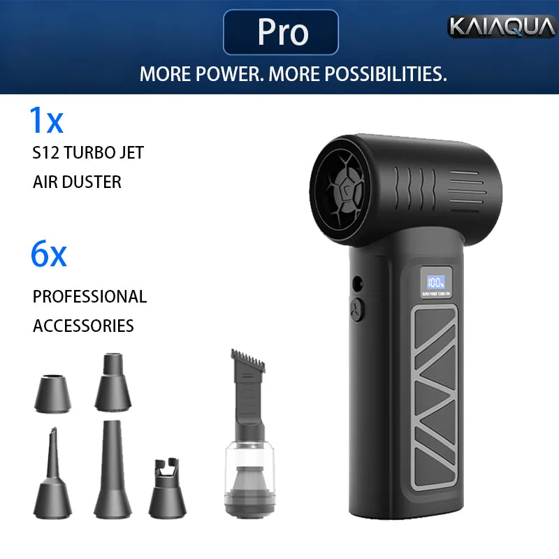 A black cordless air duster tool with various professional accessories shown next to it.