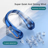 A blue bladeless neck fan is shown with a clear crystal ice cube in the background, demonstrating its quiet operation and end