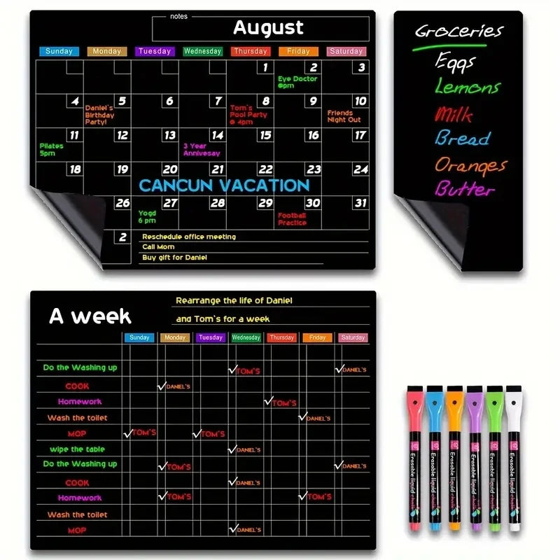 A set of magnetic refrigerator planning calendars for August and a weekly schedule for Daniel and Tom.