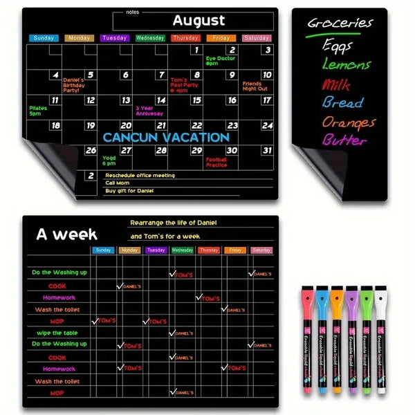 A set of magnetic refrigerator planning calendars for August and a weekly schedule for Daniel and Tom.